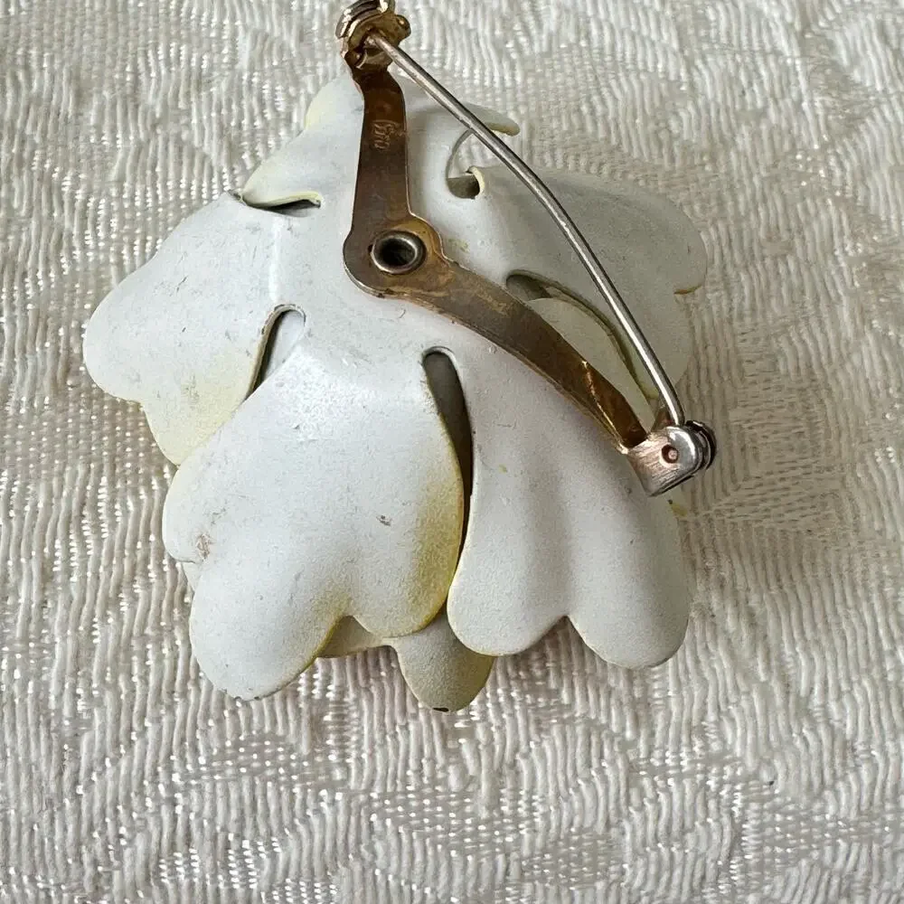 Vintage CORO Flower Brooch Large Yellow & Orange Enamel Metal Rhinestone Pin